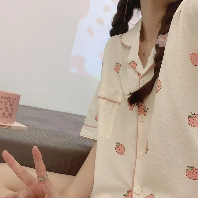 Новинка 2023 хлопковый кардиган с коротким рукавом в виде клубники пижама женская