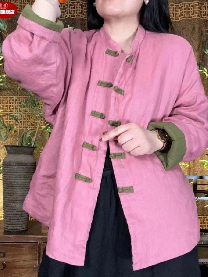Plus Size 2024 Winter New Retro Stone Washed Linen Cardigan Contrast Color Buckle Clip Thin Cotton Cotton-padded jacket C...
