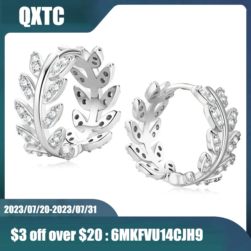 

QXTC Leaf Circle Hoops Earrings S925 Plated 14K White/Yellow Gold Real Moissanite Earrings Women Sparkling Fine Jewelry Gifts