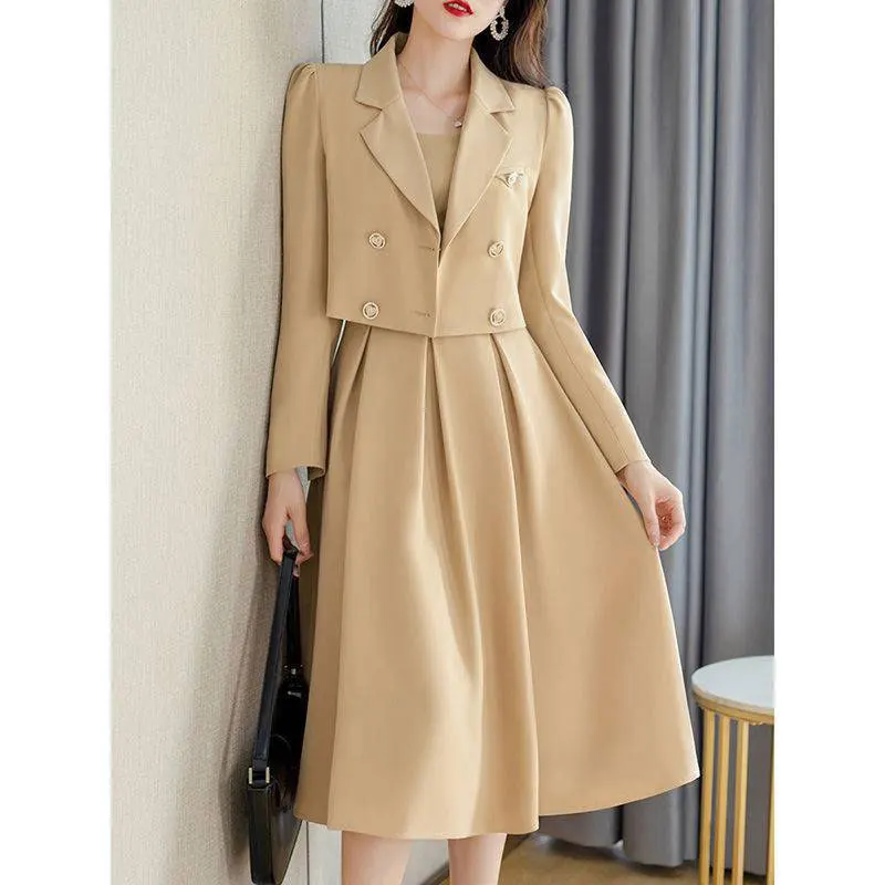 Autumn Korea Elegant Women Black Office Hepburn Suit Dress Casual Lapel  Blazer Coat Classic High Waist Strap Pleated Dress 3XL