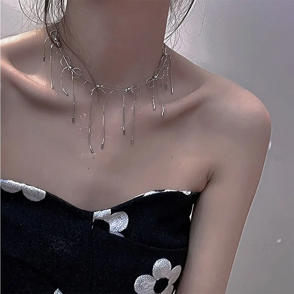 

1 PC Delicate Y2k Sweet Bow Knot Women Necklace Simple Girl Clavicle Chain Tassel Personality Choker Fashion Jewelry