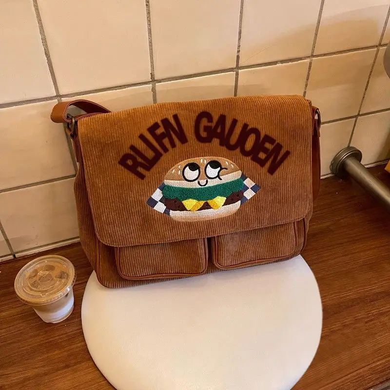 

Xiuya Vintage Shoulder Bag Letter Hamburger Embroidery Brown Crossbody Bag Harajuku Style Large Capacity Fashion Canvas Handbag