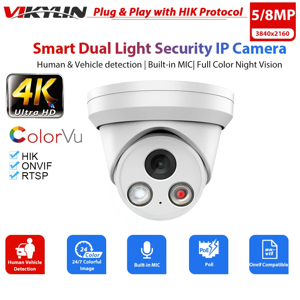 

Vikylin 4K Security PoE Camera 8MP IP Camera 5MP IR Night Vision CCTV with MIC for Hikvision Protocol Humen Vehicle Detect Cam