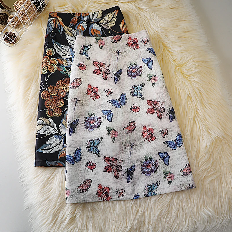 

S-XXL High-waisted floral skirt women's summer new retro temperament anti-glare mid-skirt package hips
