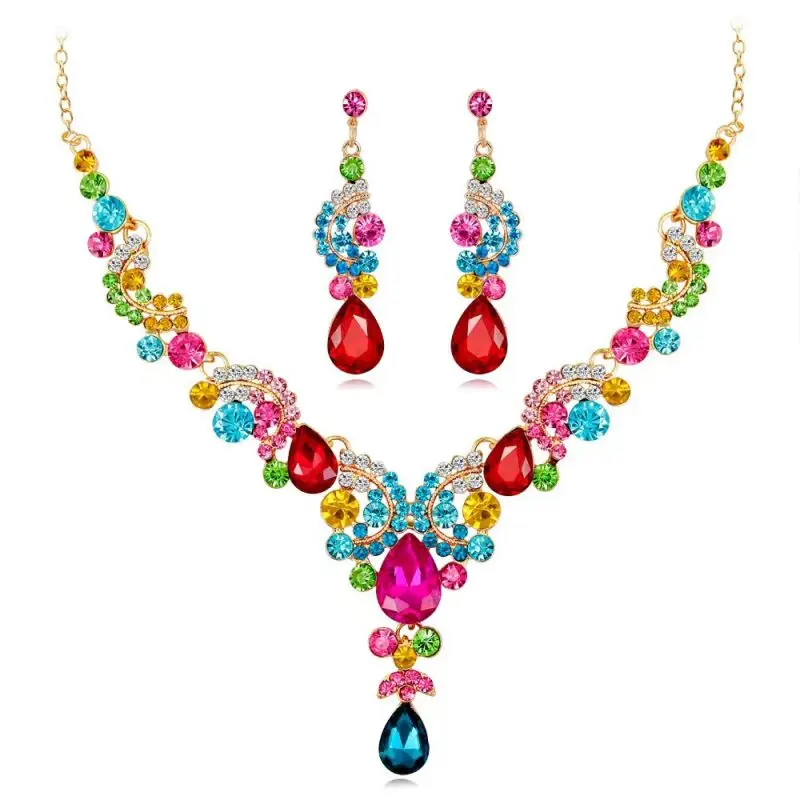 

Jewelry Set For Women Fashion Temperament Flash Rhinestone Gem Alloy Bride Necklace Earrings Girls Vacation Party Trendy Gifts