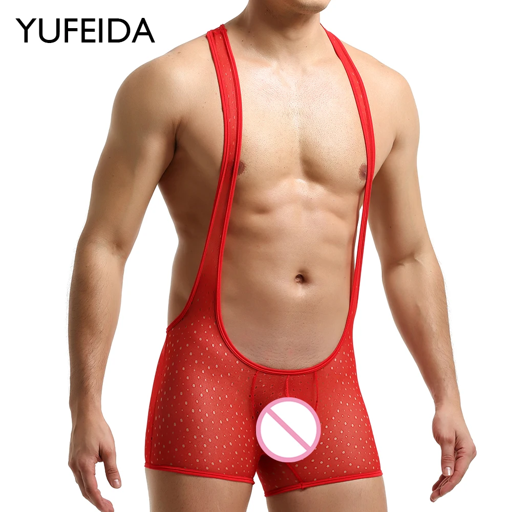 

YUFEIDA Sexy Mesh Men Transparent Undershirts Boxershorts Lingerie Jumpsuit Leotard Fitness Wrestling Singlet One-piece Bodysuit