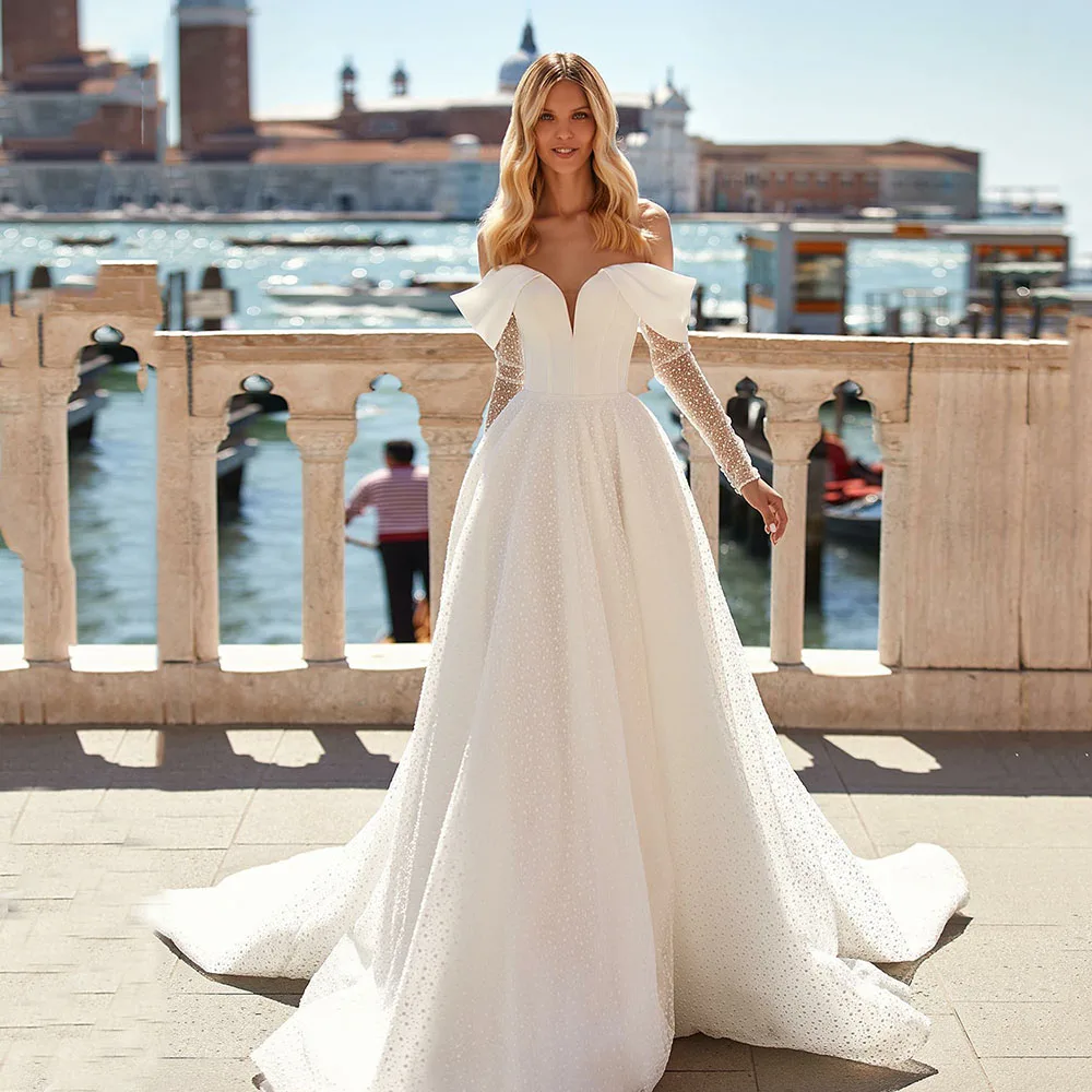 

Msikoods Off Long Sleeves Glitter Wedding Dresses Elegant Dotted tulle Shiny A Line Vestido de Noiva Formal Bridal Gowns