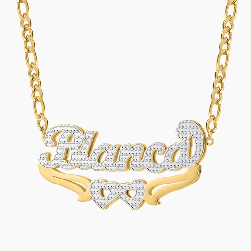 Customized Jewelry Sets Two Tone Double Heart 14K Gilded Nameplate Personalized Name Necklace Heart Shaped Bamboo Earrings Sets