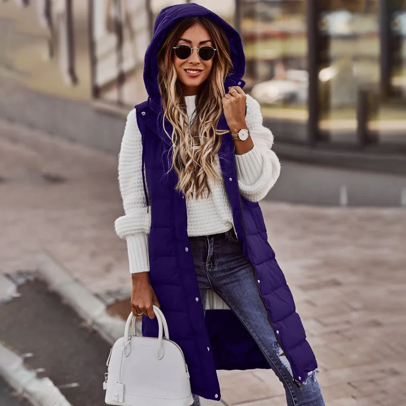 Autumn Winter Fashion Casual Solid Vest Cotton Coats Hooded Slim Sleeveless Medium Long Jacket Padded Female Clothing Streetwear