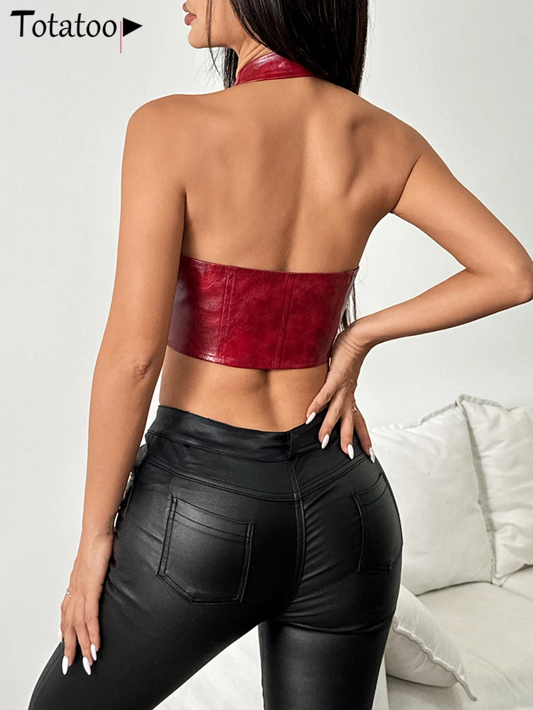 Totaoop Бандажный топ на шнуровке из искусственной кожи для женщин 2024 узкий