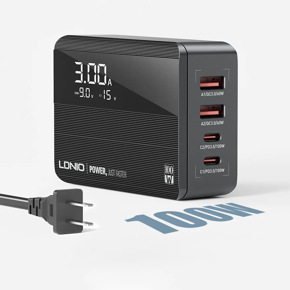 Сетевое зарядное устройство с 4 USB-портами и поддержкой быстрой зарядки, 100 Вт