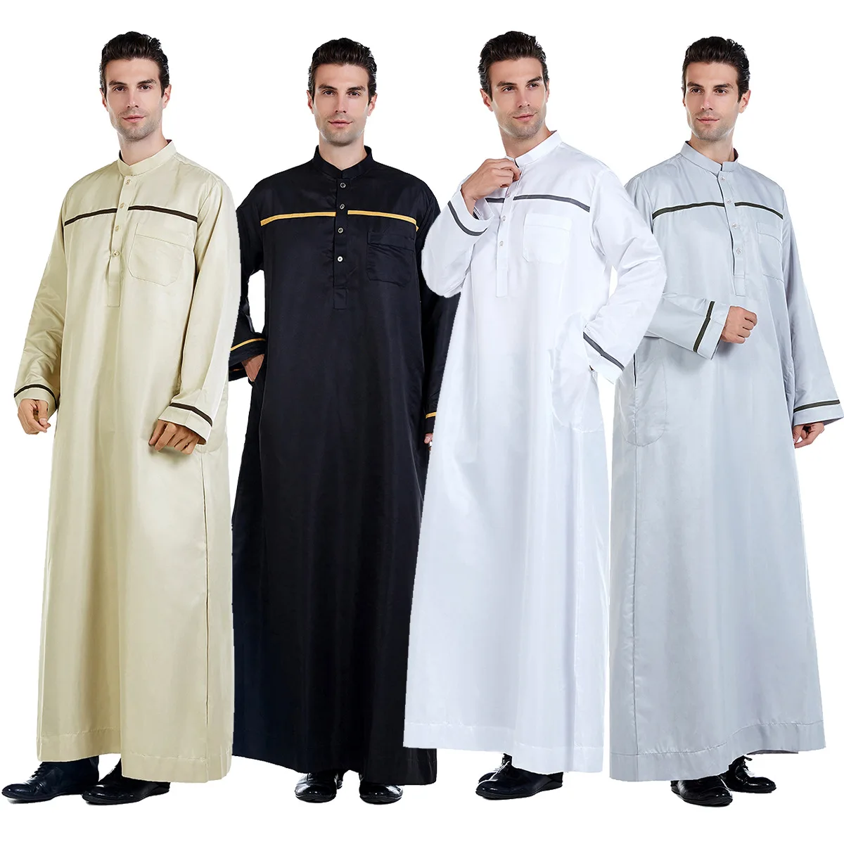 Ramadan Thobe for Men Muslim Stand Collar Long Sleeve Saudi Arabian Islamic Polyester Robe Kaftan Thawb Maxi-Muslim Dubai Abaya