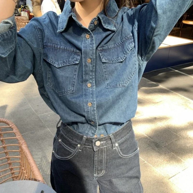 Винтажная стираная свободная повседневная джинсовая рубашка с длинными