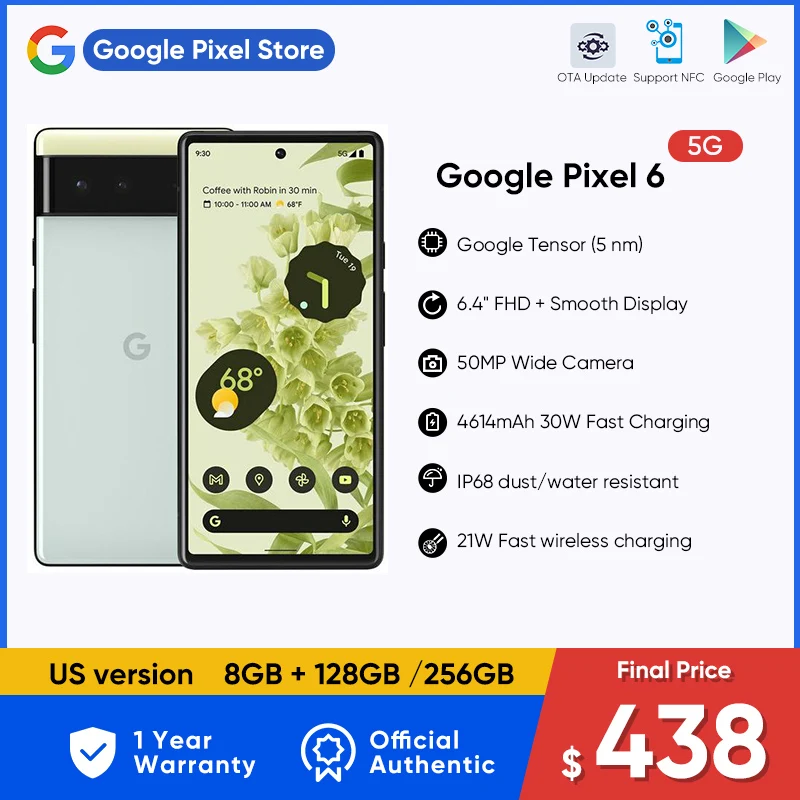 

Google Pixel 6 5G Smartphone 8GB RAM 128GB/256GB ROM 6.4" 90HZ AMOLED Display NFC Octa Core 30W Fast Charging Android Phone