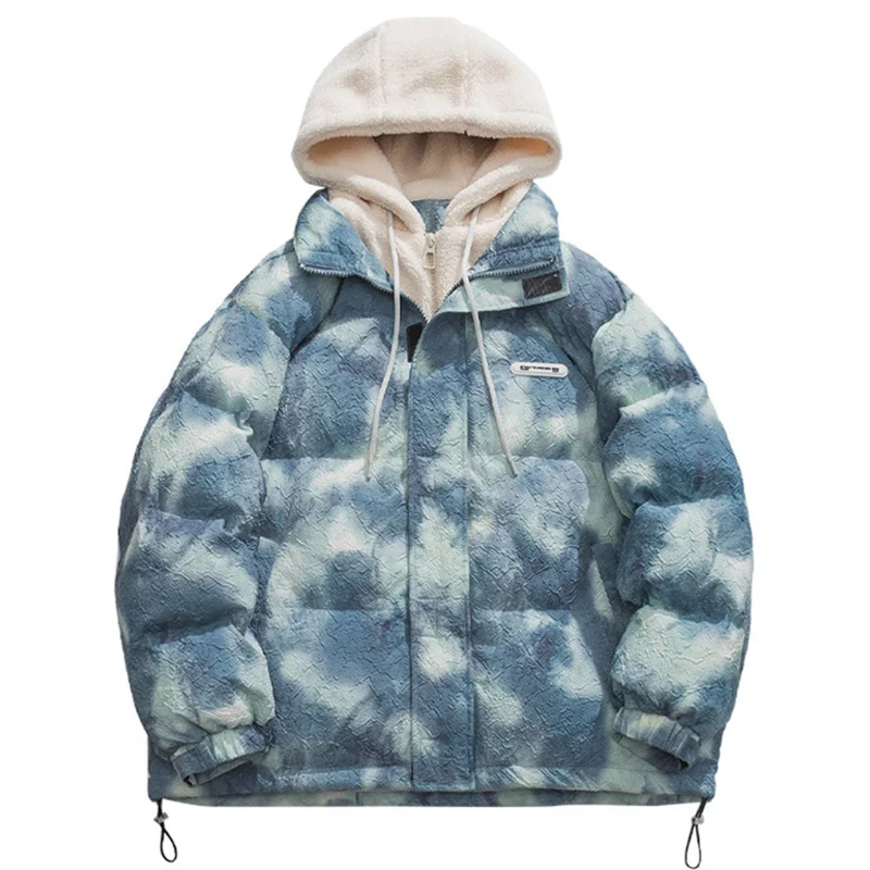 

Winter Parka Men Harajuku Streetwear Tie-dye Aesthetic Graphic Fleece Hooded Padded Puffer Jackets Fashion Warm Thick Plush Coat