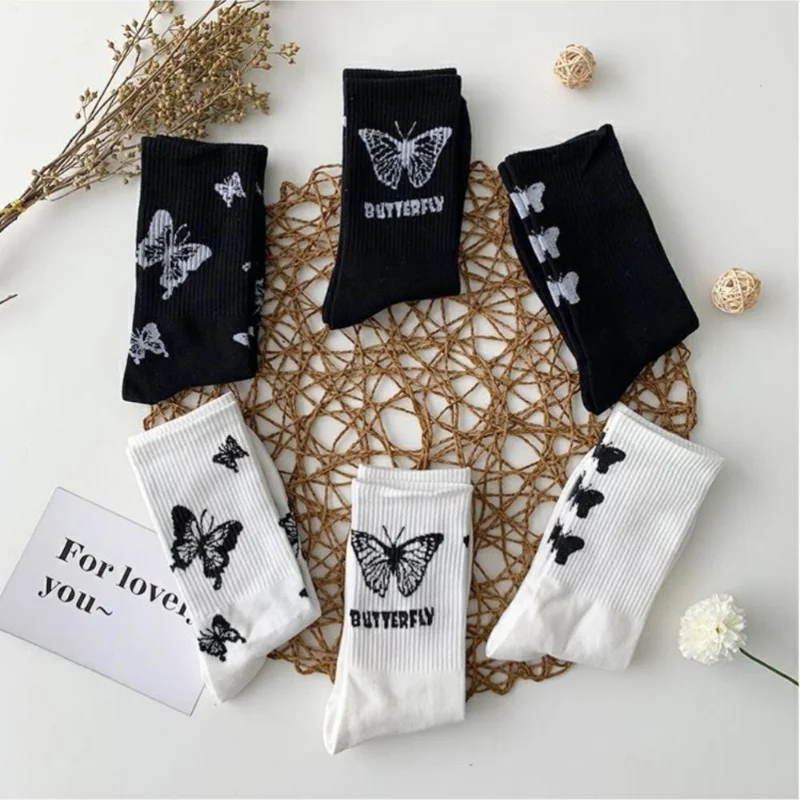 1Pair Butterfly Socks For Women Cotton Cute Cartoon Harajuku Autumn Winter Mid-tube Socks Street Sports Trend Stockings
