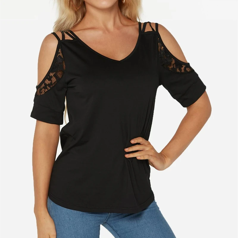 Off Shoulder T Shirt for Women Summer New Solid Color V-Neck Lace Short Sleeve Large Size Casual Tees Casual Clothes Y2k Tops