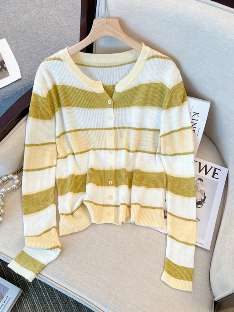 

Женский трикотажный кардиган в полоску, свободный шерстяной кардиган карамельных цветов с круглым вырезом и длинным рукавом, осень 2022