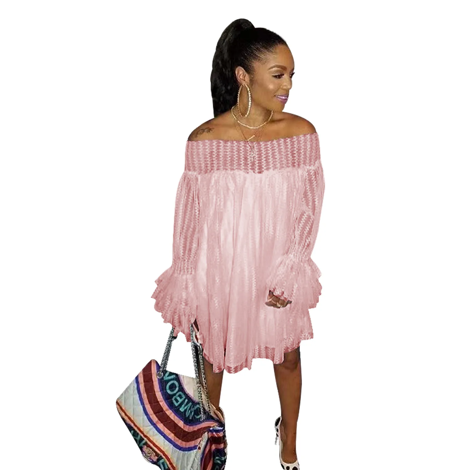 

Casaul Women Dress Slash Neck Full Sleeve Streetwear Solid Color Dresses For Women Vestidos