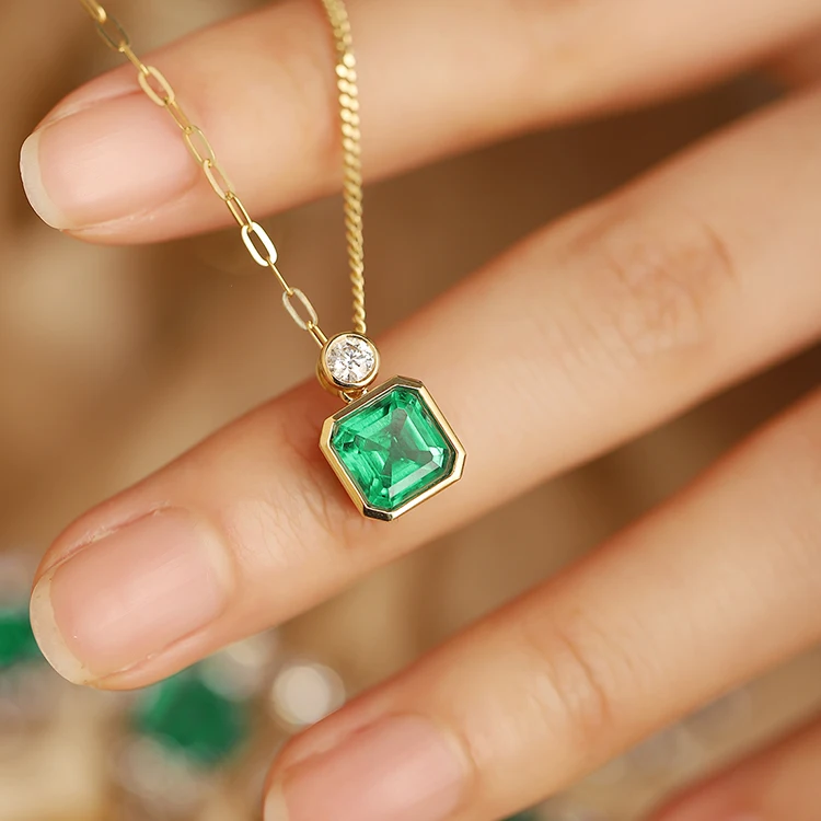 

Zhanhao Trendy 3CT Square Shape Lab Grown Emerald Real Gold Chains Jewelry 18k Solid Gold Necklace