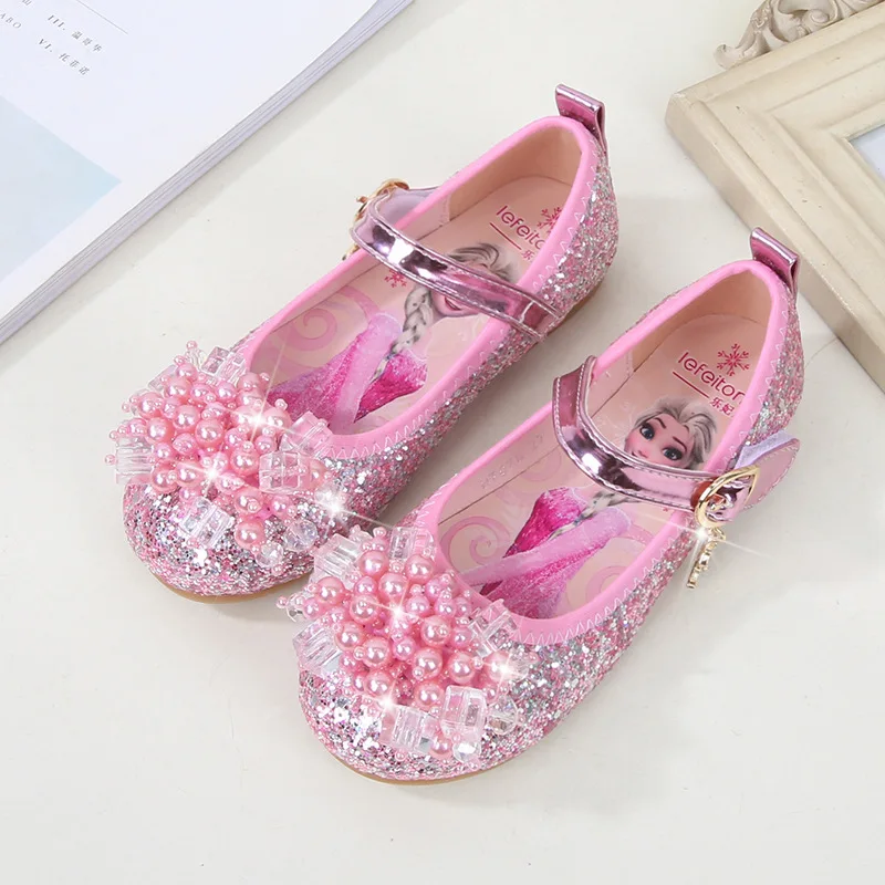 

Disney new girls leather shoes soft sole elsa princess shoes sequins pearl flower baby shoes fashion show single casual shoes