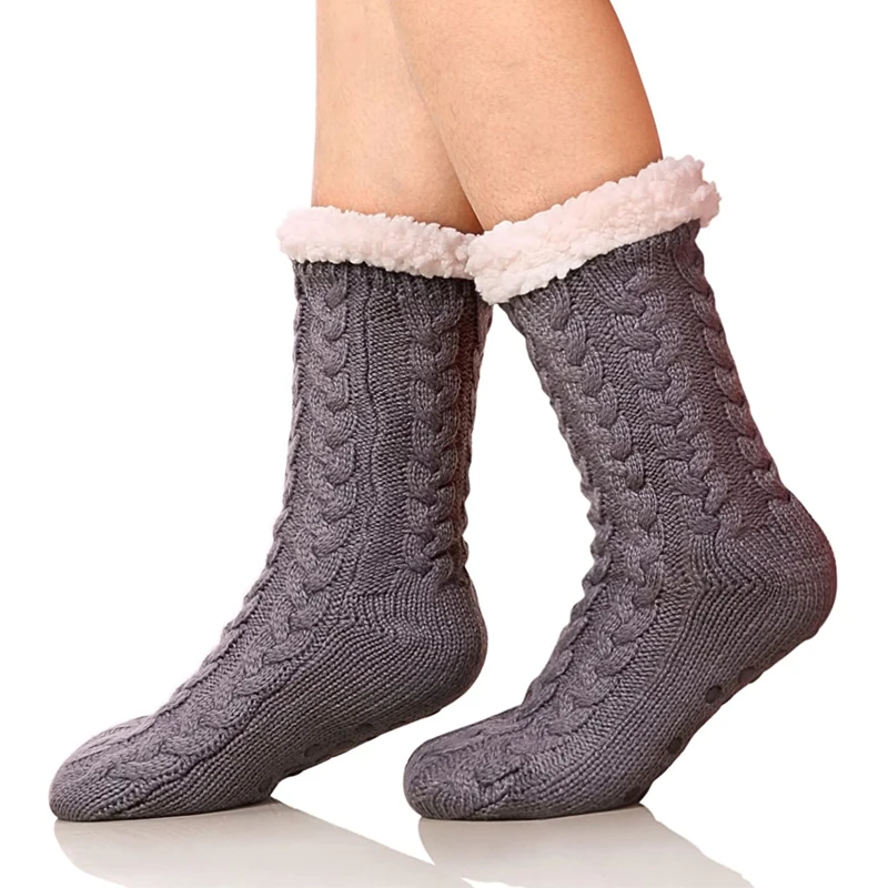 

Winter Home Warm Slipper Fuzzy Fluffy Socks Thermal Indoor Floor Non Slip Socks Solid Color Knitting Cotton Fleece Women and Men
