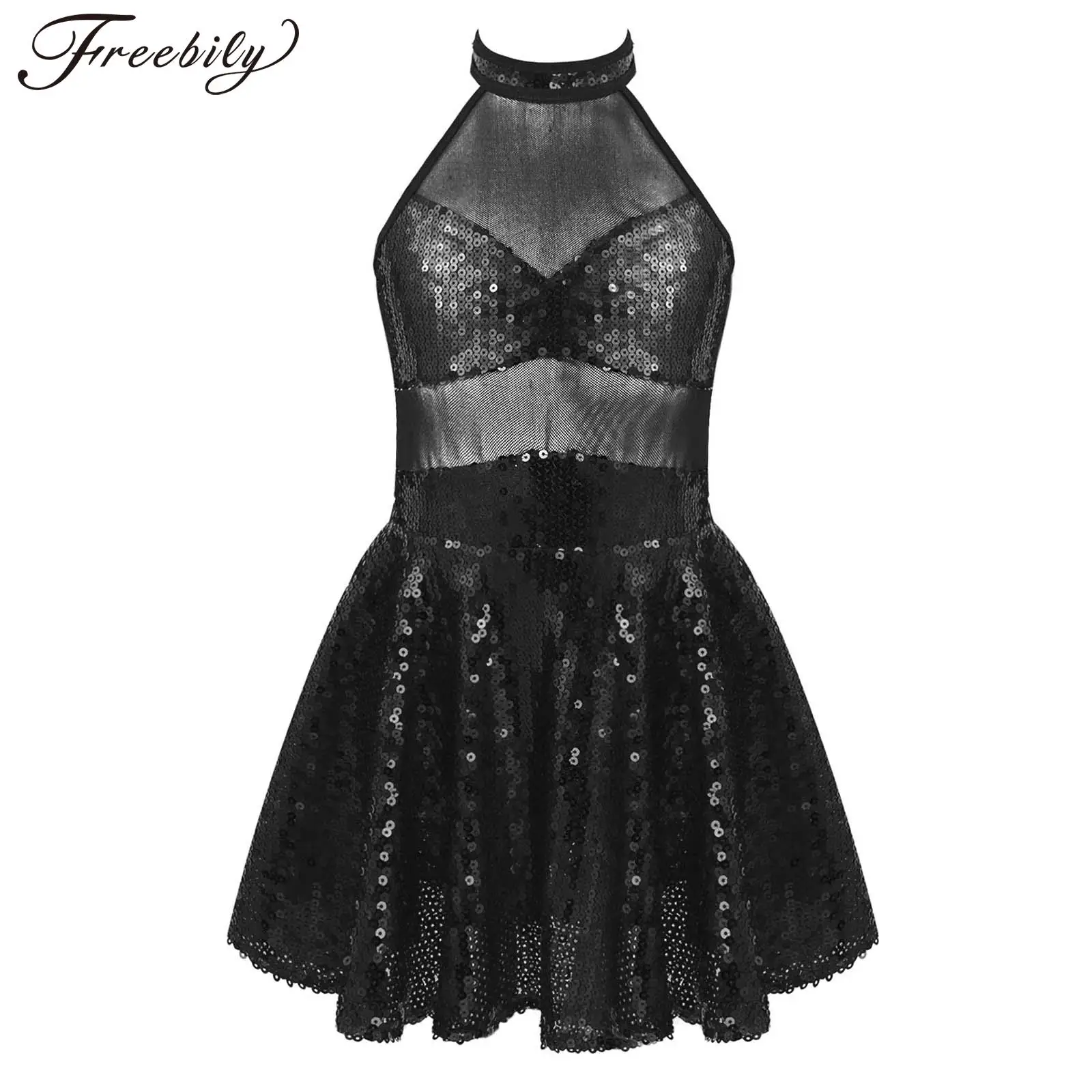 

Girls Sleeveless Jazz Dance Dress Sparkly Sequins Decor Ballet Tutu Sheer Mesh Patchwork Dance Leotard Performance Dancewear