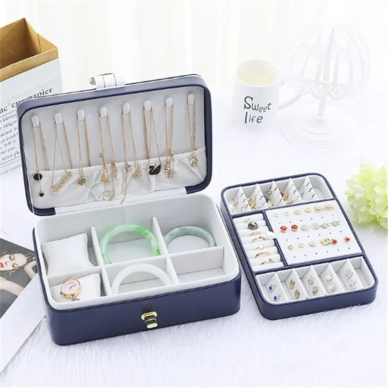 

2022 New Large Two Layer Jewelry Organizer Box With 56 Stud Jacks Smooth Leather Jewelry Storage Case Display Holder With Lock