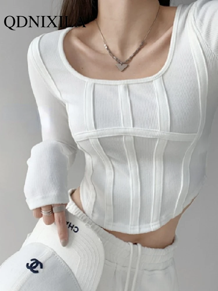 

New Square Collar Exposed Collarbone Women's Long-sleeved Spring and Autumn New Short Fishbone Pattern Waistless T-shirt Tops