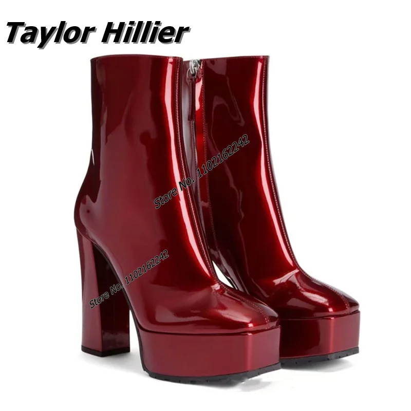 

Waterproof Platform Women'S Boots Square Toe Thick Heel Side Zip Patent Leather Ankle Boots Winter Autumn Women'S Shoes
