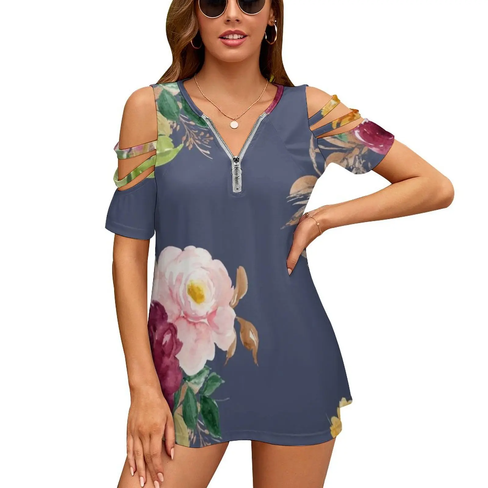 

Женская Винтажная футболка на молнии с цветочным принтом