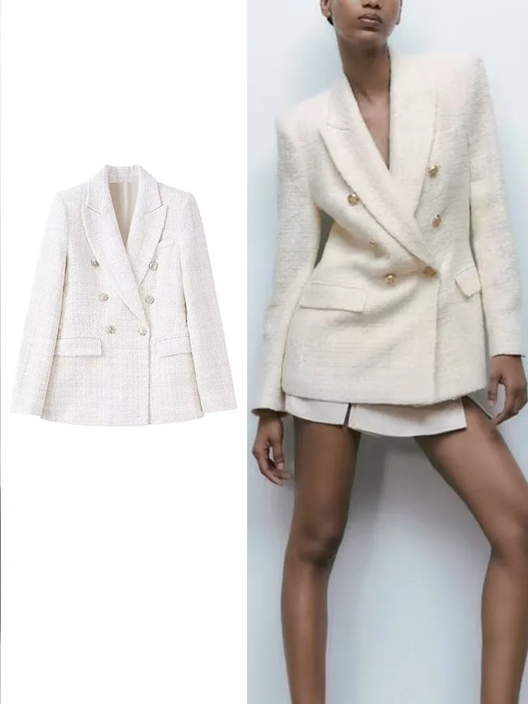 

TRAF New Autumn Winter Woman Solid Blazer 2022 Office Outfits Casual Coats Vintage Long Sleeve Jacket Double Breasted Coat