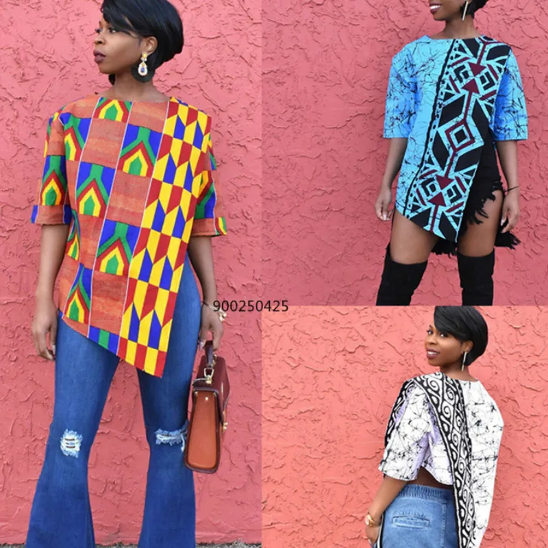 

Ladies African Clothes 2022 Dashiki Print Split Top Summer Plus Size Jeans Shirts Clothing African Dresses for Women Top Fashion