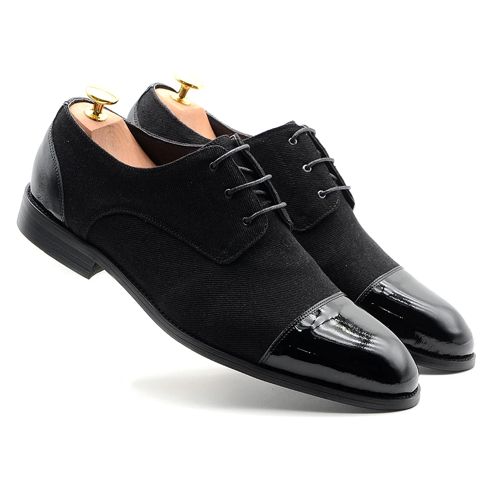 

Size 38 To 46 Luxury Men Dress Derby Shoes Denim Patent Leather Wedding Shoes Lace-up Cap Toe Black Business Formal Footwear