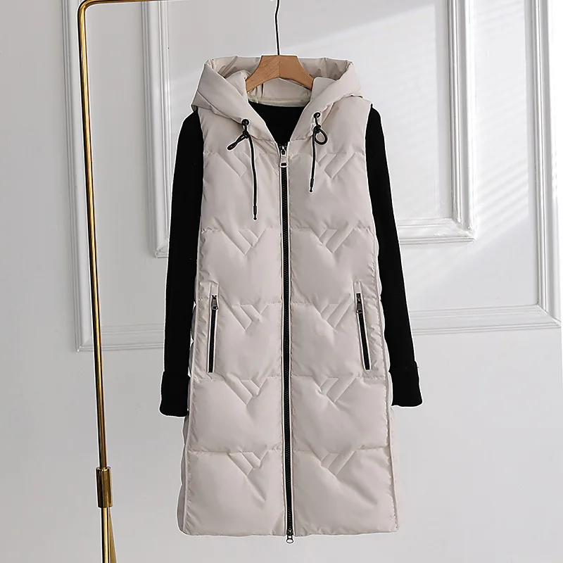 Women Autumn Winter Hooded Sleeveless Windproof Long Vest Coat Outwear Puffer Jacket Cotton Padded Parkas Waistcoat Puffer