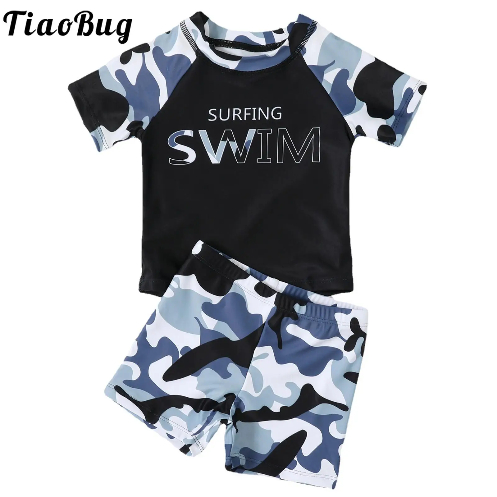 

Kid Boys Swimming Wear Two Pieces Rash Guard Swim Trunk Set Short Sleeve Letter And Camouflage Print Bathing Suit for Pool Beach