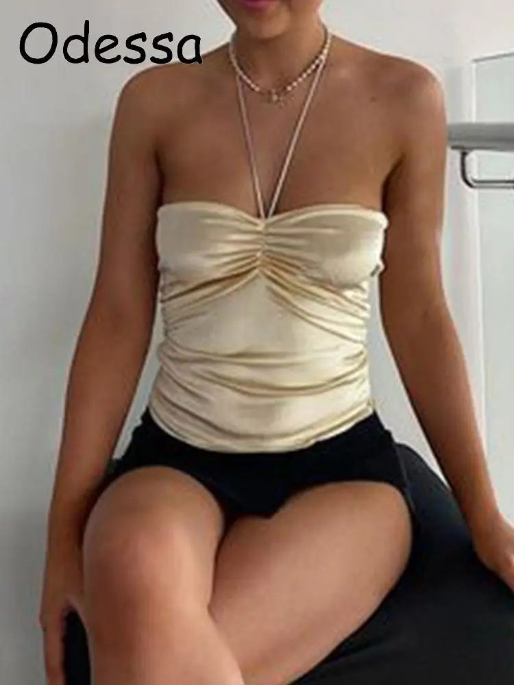 

Odessa Y2K Satin Halter Neck Crop Top Women Sexy Sleeveless Off Shoulder Backless Corset Top Summer Culb Female Streetwear 2022