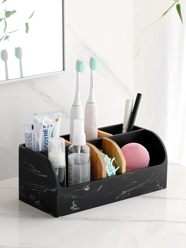 6 Slots Toothbrush Holder Bathroom Organizer Countertop for Toothbrush Toothpaste Dental Floss Razor Comb Makeup Brushes Black