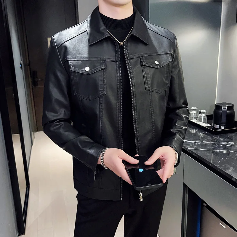 

2023 Men's Autumn and Winter New Slim Handsome Biker's Leather Jacket Youth Lapels Casual PU Leather Coat