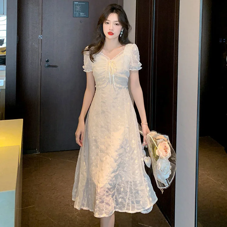 

Женское шифоновое платье с вышивкой, романтичное кружевное платье с квадратным вырезом, лето 2022