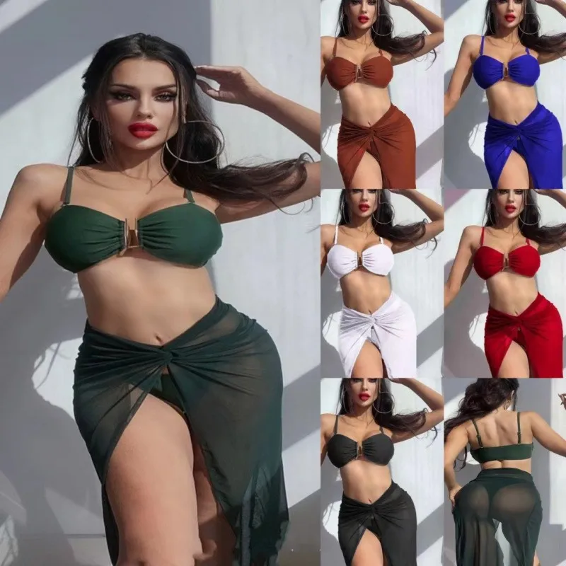 

Новинка 2023, однотонное сексуальное бикини, Женский раздельный купальник на бретелях, купальник-тройка, пляжная одежда