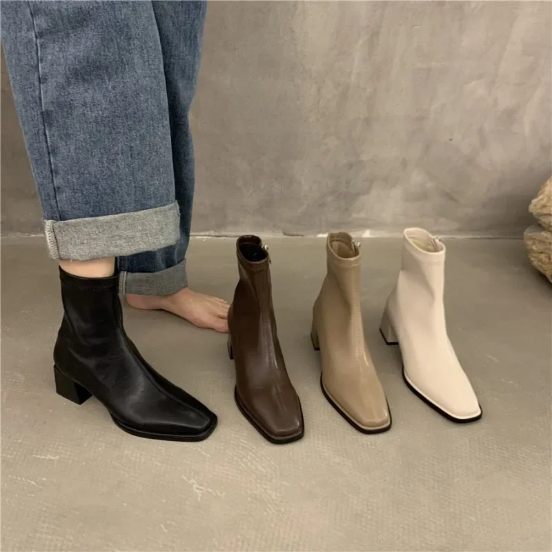 

Maogu Fashion Square Toe Zipper Ladies Casual Shoes Soft Leather Short Barrel Boots 2023 Autumn Winter Design Heel Ankle Boot 39