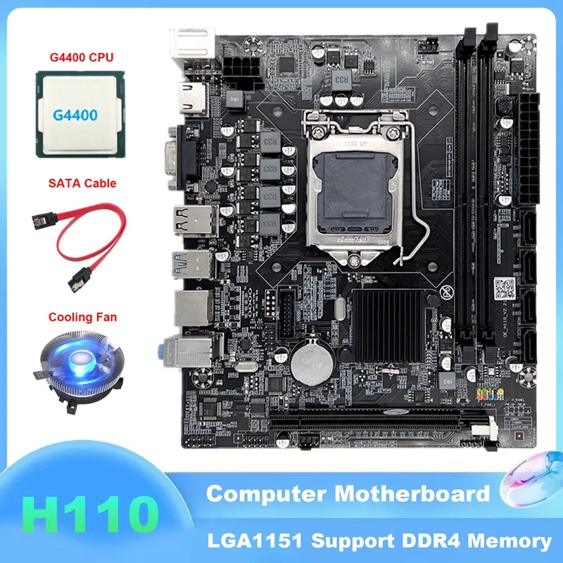 

H110 Computer Motherboard LGA1151 Supports Celeron G3900 G3930 Series CPU With G4400 CPU+Cooling Fan+SATA Cable