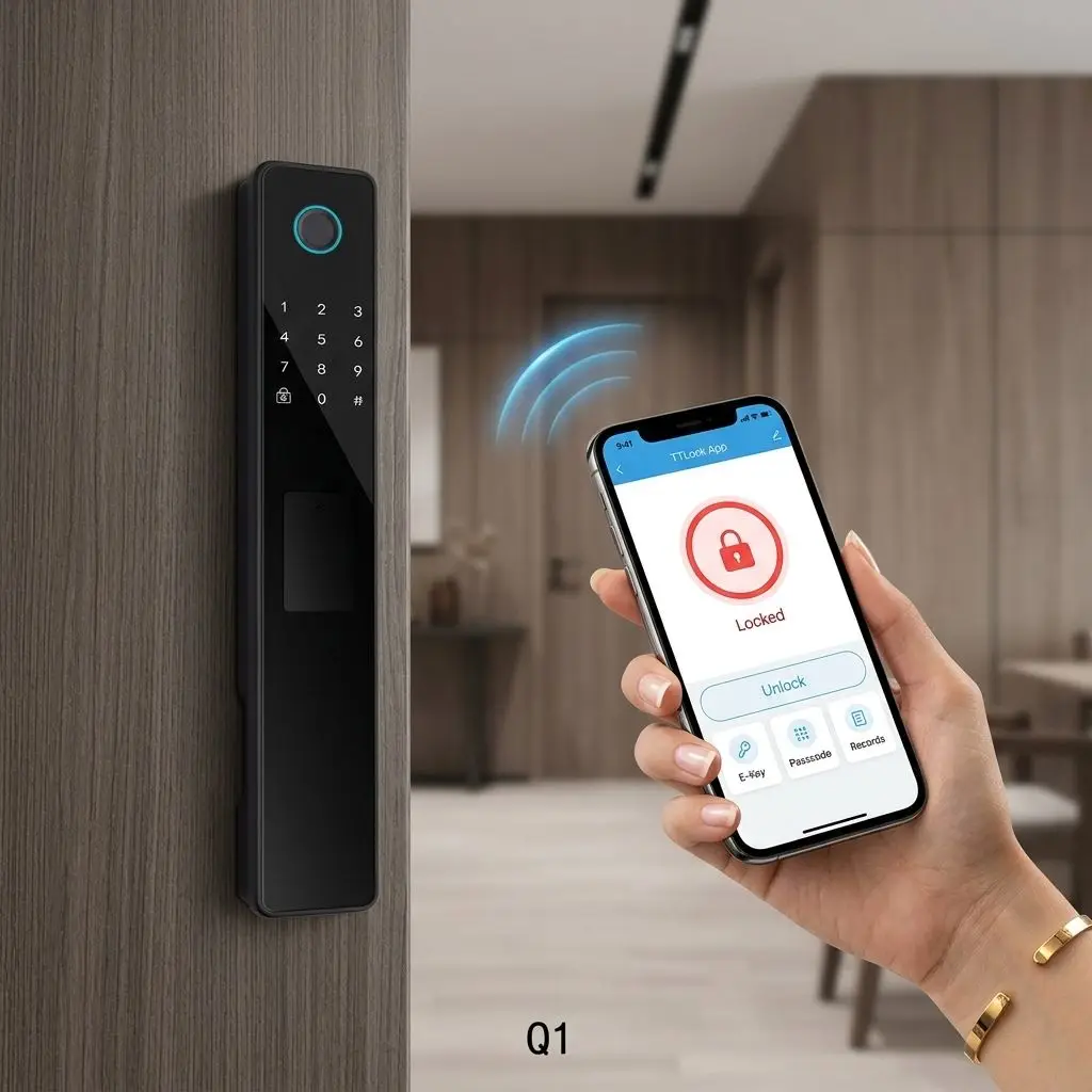 Фото Новый умный дверной замок TTLock 2026 года с тонким дизайном, биометрический цифровой замок 5-в-1 с 1-летним сроком службы батареи для дверей с алюминиевой рамой №2