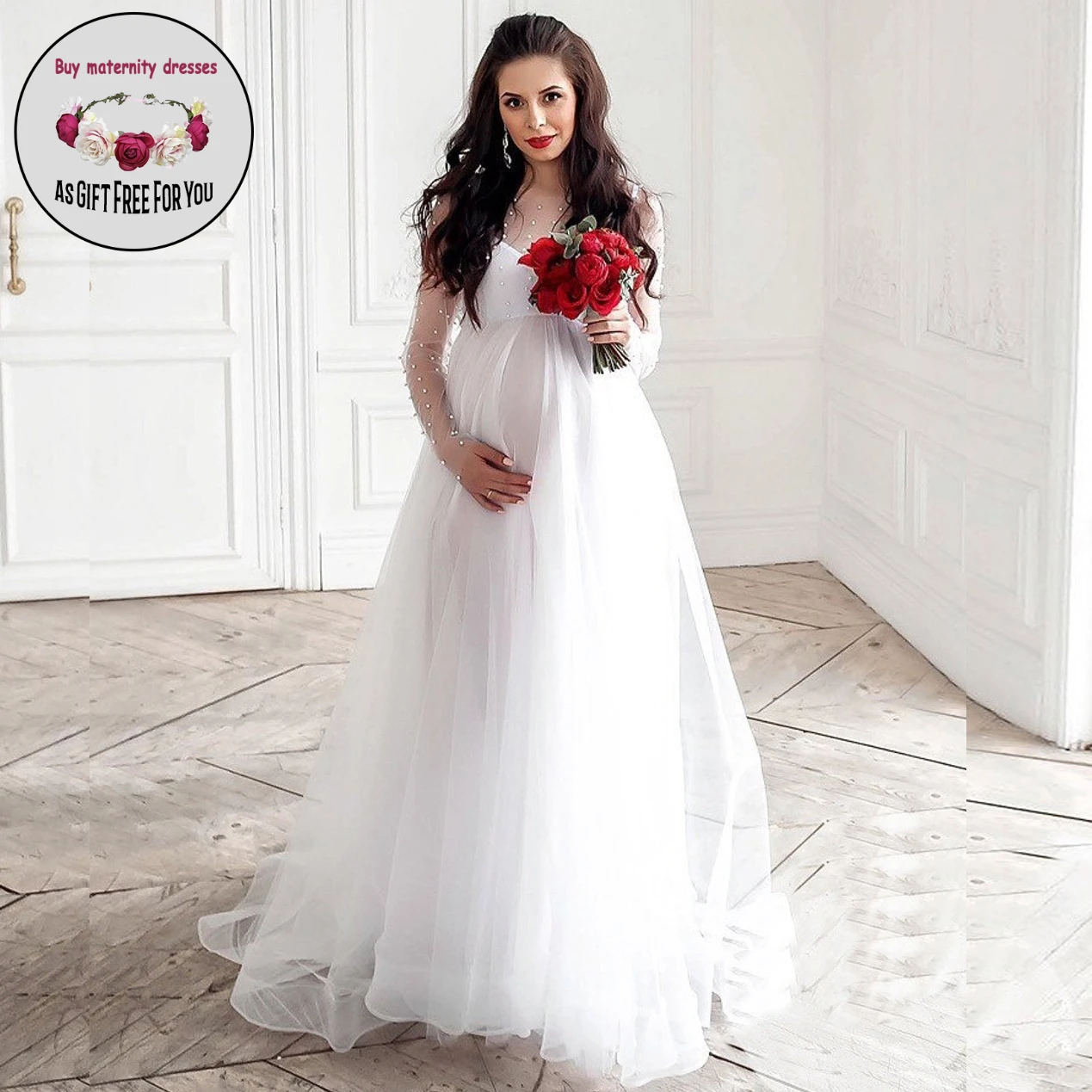 

Women Fashion Off Shoulder Pregant Women Lace Dress Gown Long Sleeve Dress for Photo Shoot Women Maternity Photography