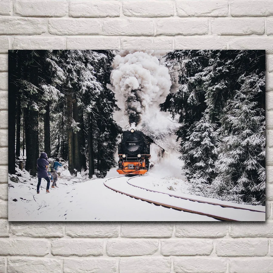 

nature train railway snow vehicle winter vehicle landscape living room home decoration art fabric posters on wall picture KR244