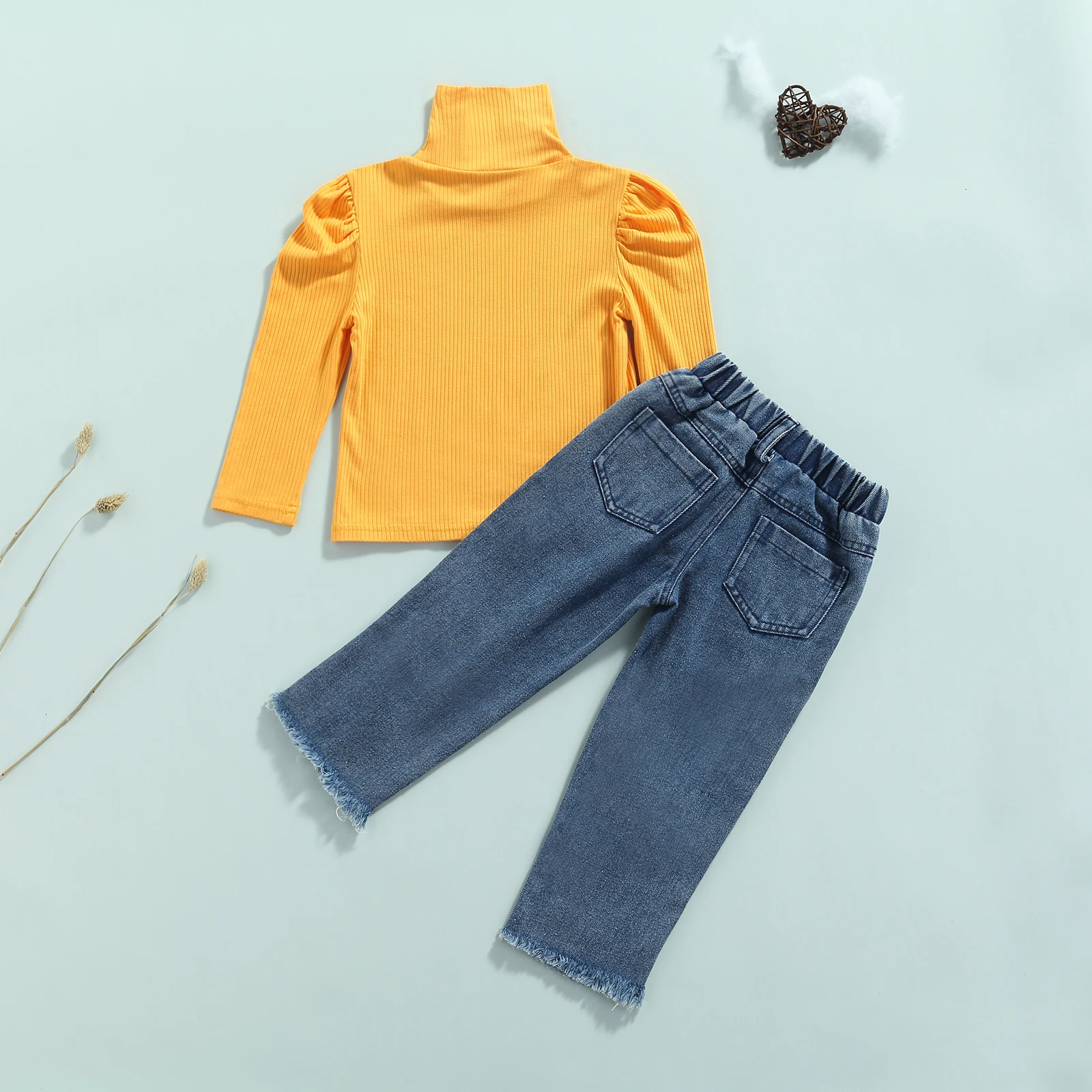 

Джинсовый комплект для маленьких девочек, сезон осень-зима, футболка в рубчик в горошек с длинным рукавом, топы, рваные джинсы, одежда из 2 пр...