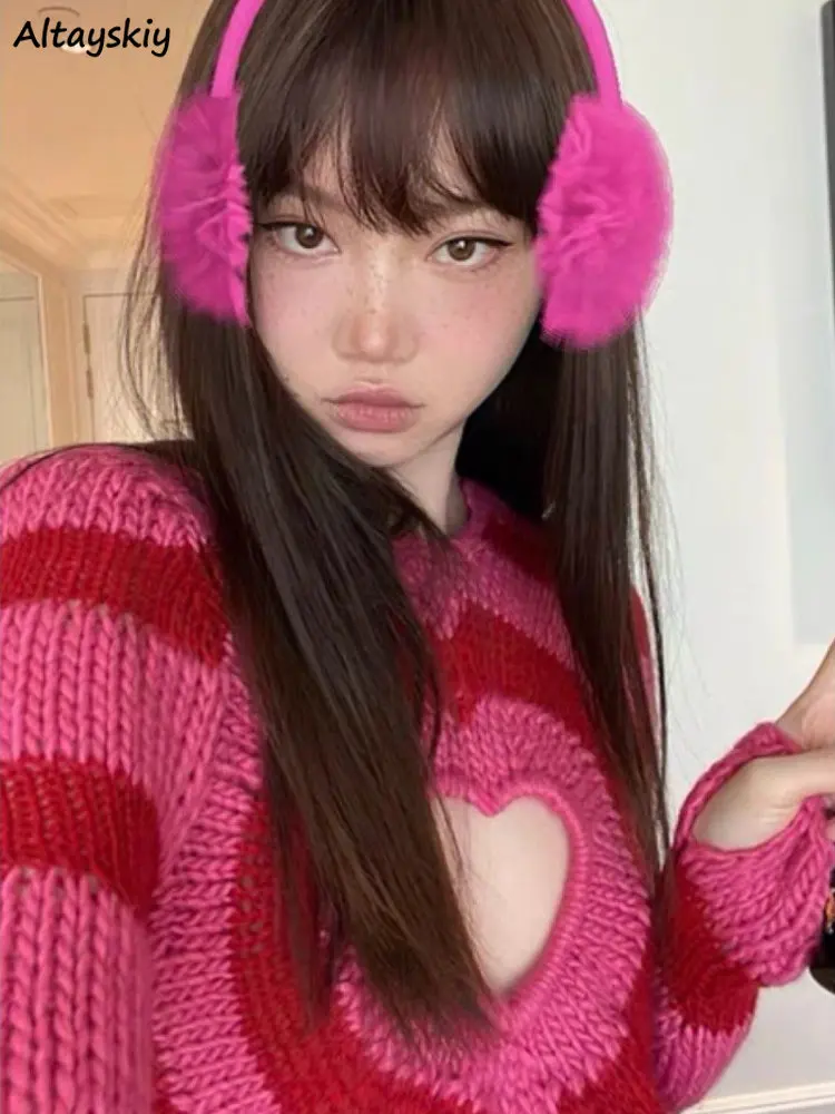 

Красные вязаные пуловеры Love, женский укороченный пуловер с вырезами, дизайнерские праздничные Клубные полосатые милые ретро уличные амери...