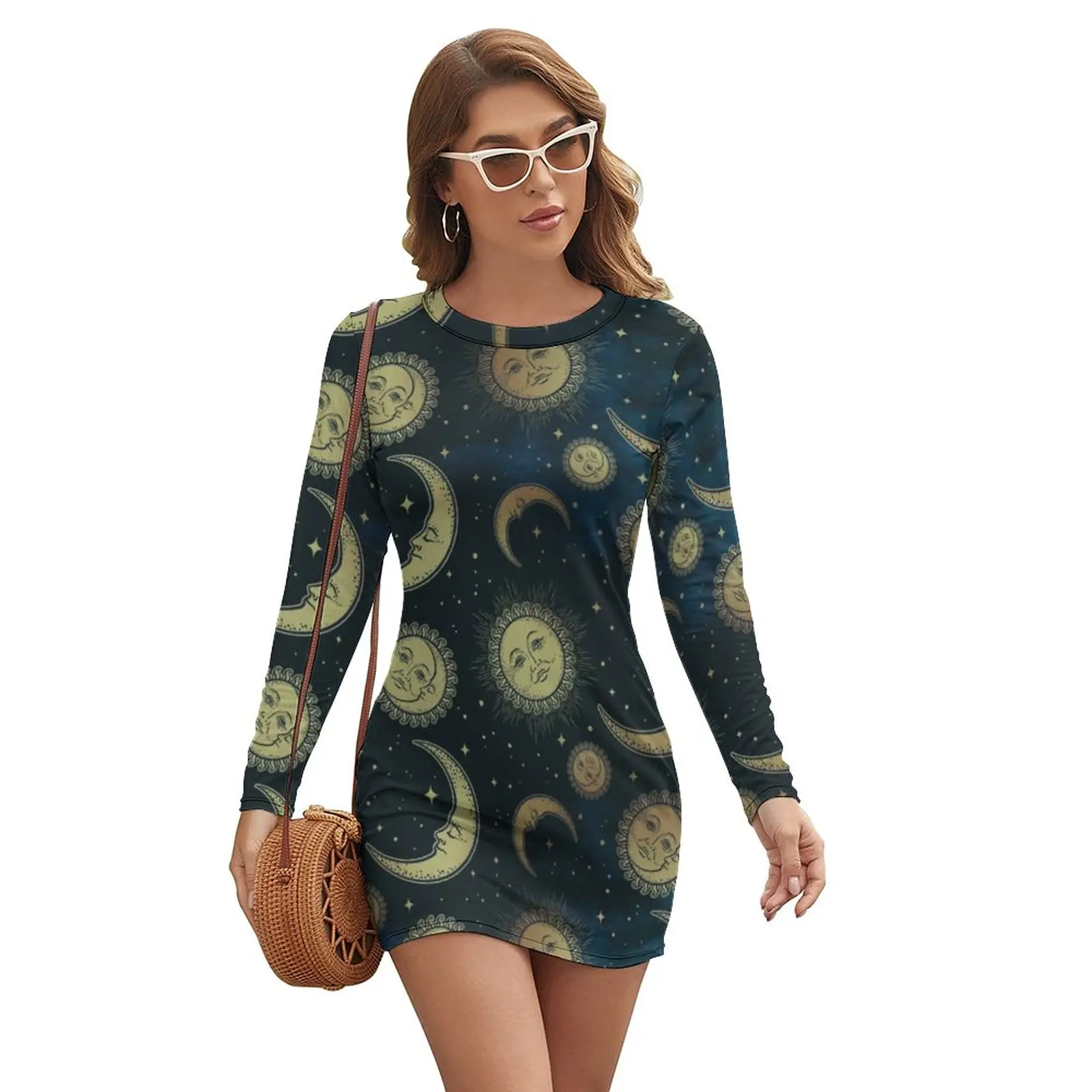 

Retro Sun Print Dress Long Sleeve Moon Stars Celestial Night Stylish Dresses Spring Women Basic Pattern Bodycon Dress Big Size