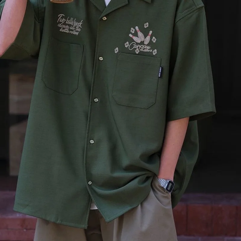 Summer Men's Workwear Short Sleeve Shirt Casual Fashion Loose Cuban Collar Bowling Embroidered Army Green Top 2022